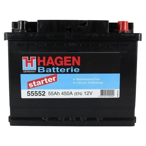 Акумулятор HAGEN BATTERIE 12 V 55 Ah 450 A R+ 242 мм х 175 мм х 190 мм (55552) 55552 фото